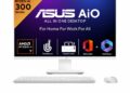 کامپیوتر همه‌کاره ASUS AiO به رنگ سفید با بنر تبلیغاتی پردازنده Ryzen AI 300 و قابلیت‌های لمسی.