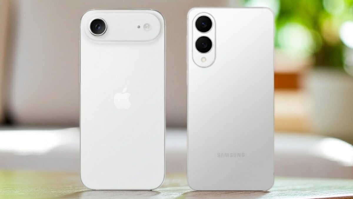 کانسپت نمای پشتی آیفون (طرح ایر) در کنار گوشی سامسونگ گلکسی با چیدمان دوربین عمودی.