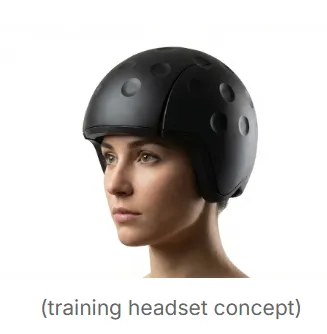 زنی که یک هدست کلاه ایمنیمانندِ مشکی (مفهومی) برای اسکن مغز و آموزش هوش مصنوعی پوشیده است.