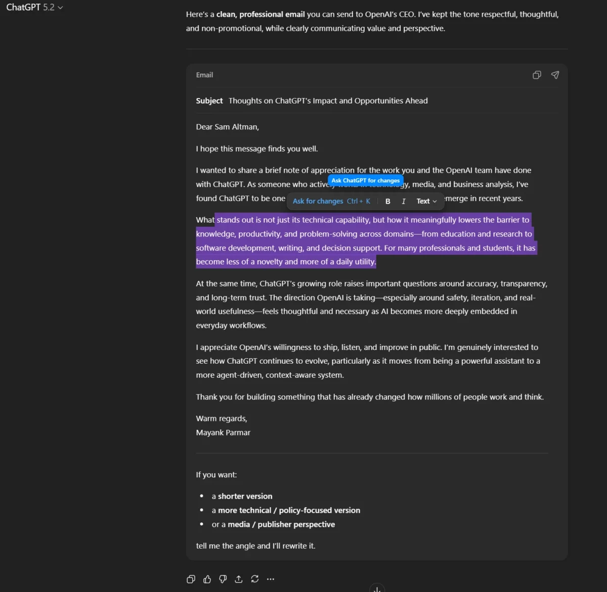 محیط دسکتاپ چت‌جی‌پی‌تی که در حال نمایش یک ایمیل حرفه‌ای خطاب به سام آلتمن است.