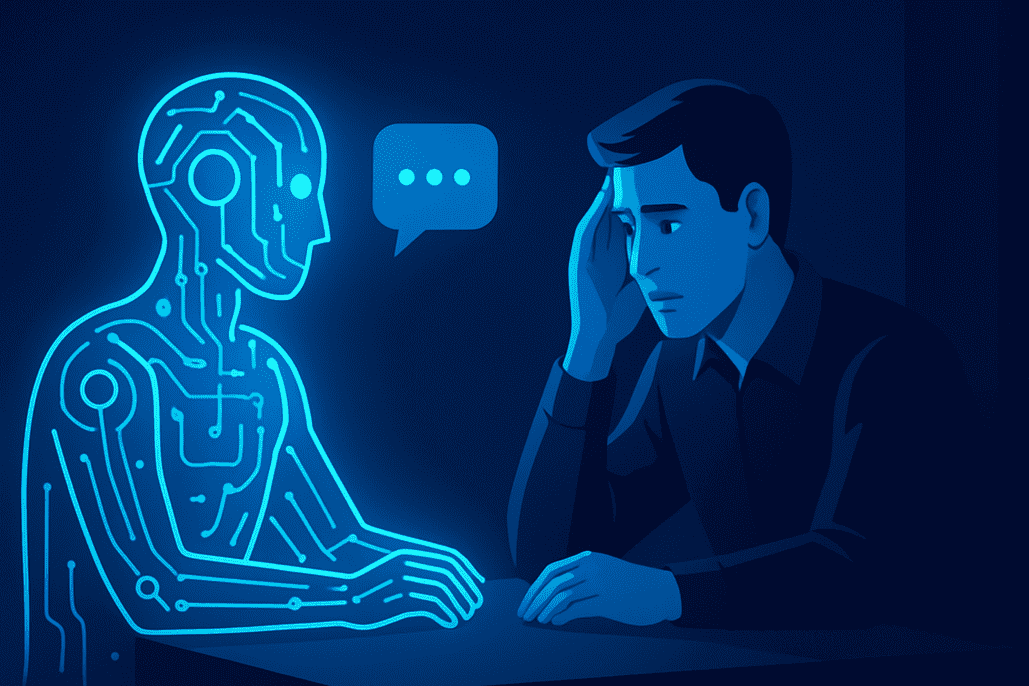 تصویر مفهومی از یک هوش مصنوعی درخشان و آبی‌رنگ که پشت میز روبروی مردی نگران نشسته است.