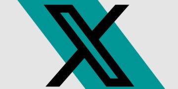 لوگوی X (سابق توییتر) به رنگ سیاه روی پس‌زمینه خاکستری روشن با یک نوار فیروزه‌ای پهن.