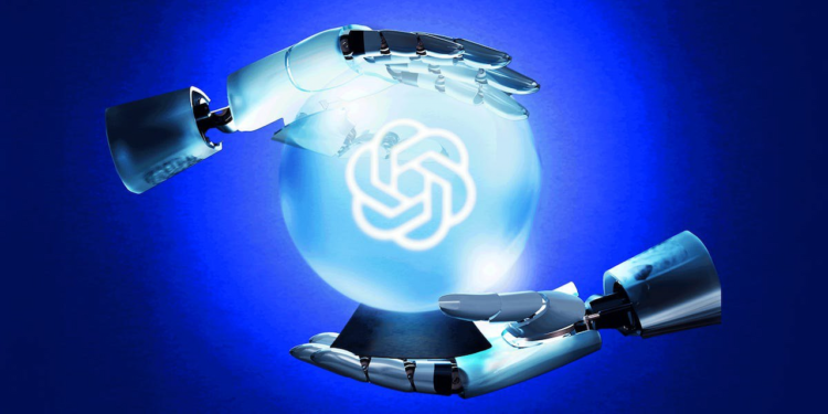 دستان رباتیک که یک گوی کریستالی درخشان آبی‌رنگ را نگه داشته‌اند و لوگوی ChatGPT درون آن می‌درخشد.