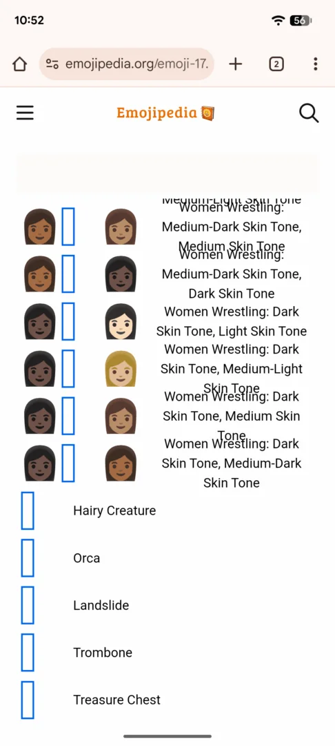 اسکرینشاتی که نشان میدهد ایموجیهای جدید در نسخه قدیمیتر یا پشتیبانینشده اندروید بارگذاری نشده و به جای آنها مربعهای توخالی (tofu) نمایش داده میشود.