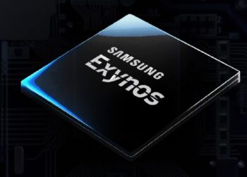 تصویر گرافیکی (رندر) از یک تراشه مشکی با نوشته Samsung Exynos که لبه‌های آن درخشش آبی دارد.