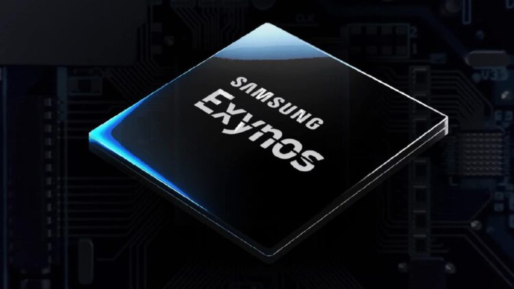 تصویر گرافیکی (رندر) از یک تراشه مشکی با نوشته Samsung Exynos که لبه‌های آن درخشش آبی دارد.
