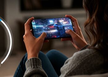 فردی در حال انجام یک بازی مسابقه‌ای با گرافیک بالا روی یک گوشی هوشمند در محیطی کم‌نور.