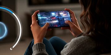 فردی در حال انجام یک بازی مسابقه‌ای با گرافیک بالا روی یک گوشی هوشمند در محیطی کم‌نور.