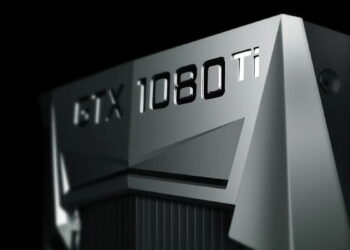نمای نزدیک از کارت گرافیک NVIDIA GeForce RTX 1080 Ti با بدنه فلزی صنعتی و لوگوی GTX، تمرکز بر طراحی خنککننده و سختافزار قدرتمند گرافیکی