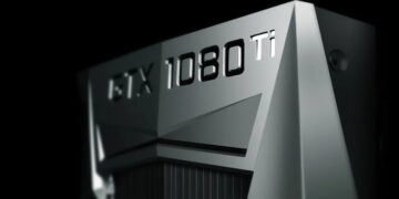 نمای نزدیک از کارت گرافیک NVIDIA GeForce RTX 1080 Ti با بدنه فلزی صنعتی و لوگوی GTX، تمرکز بر طراحی خنک‌کننده و سخت‌افزار قدرتمند گرافیکی