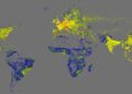 نقشه حرارتی تراکم ساختمان‌ها در سراسر کره زمین با نقاط زرد و آبی.
