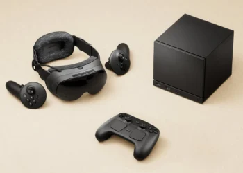 چیدمان سخت‌ افزار اجرای بازی‌ های SteamOS شامل هدست واقعیت مجازی، کنترلر، مینی‌ پی‌ سی و تجهیزات جانبی، مرتبط با اکوسیستم بازی لینوکسی و آینده Steam Machine