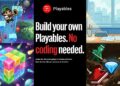 بنر تبلیغاتی YouTube Playables با نمایش نمونه بازی‌های رنگارنگ دوبعدی و سه‌بعدی، تاکید بر ساخت بازی بدون نیاز به کدنویسی