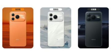 نمای پشت گوشی Honor Power 2 در سه رنگ نارنجی، سفید و مشکی، با بدنه تخت، ماژول دوربین مستطیلی با سه لنز بزرگ و طراحی الهام‌گرفته از پرچم‌داران مدرن، تمرکز بر تنوع رنگ و هویت بصری محصول