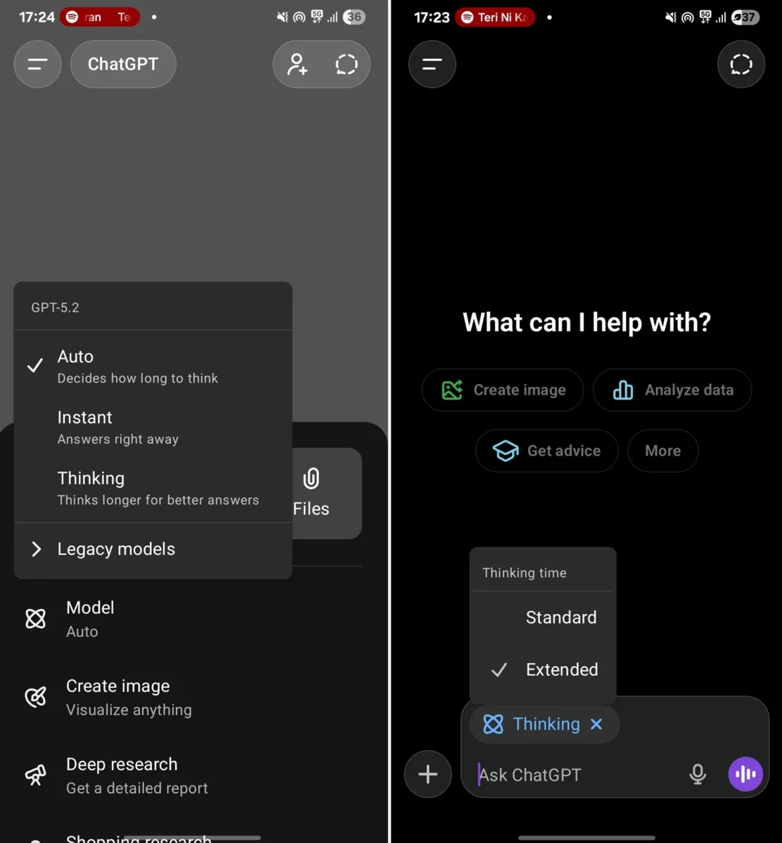 محیط کاربری اپلیکیشن چت‌جی‌پی‌تی که منوی انتخاب مدل و گزینه‌های زمان فکر کردن (Thinking time) را نشان می‌دهد.