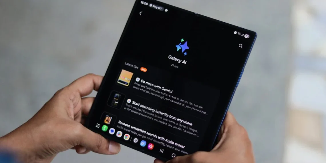 گوشی تاشوی Samsung Galaxy Z Fold 7 در حالت باز با رابط Galaxy AI روی نمایشگر، در دست کاربر و محیط پسزمینه مات