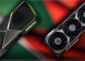 نمای کنار هم از کارت گرافیک‌های پرچم‌دار سری GeForce RTX و Radeon با پس‌زمینه رنگی انتزاعی.