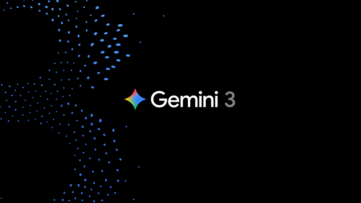 لوگوی Google Gemini 3 (یک الماس رنگین کمانی کوچک) در کنار متن "Gemini 3" بر روی پس‌زمینه سیاه با الگوی نقطه‌ای آبی در سمت چپ.