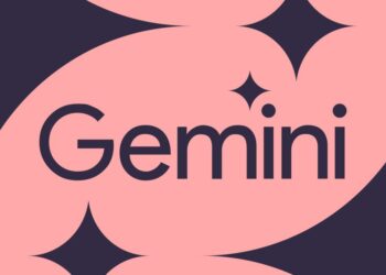 لوگوی تایپوگرافی جمنای (Gemini) با پسزمینه گرافیکی صورتی.
