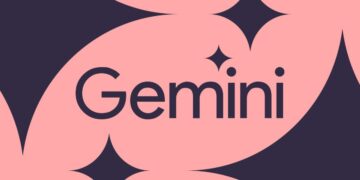 لوگوی تایپوگرافی جمنای (Gemini) با پسزمینه گرافیکی صورتی.