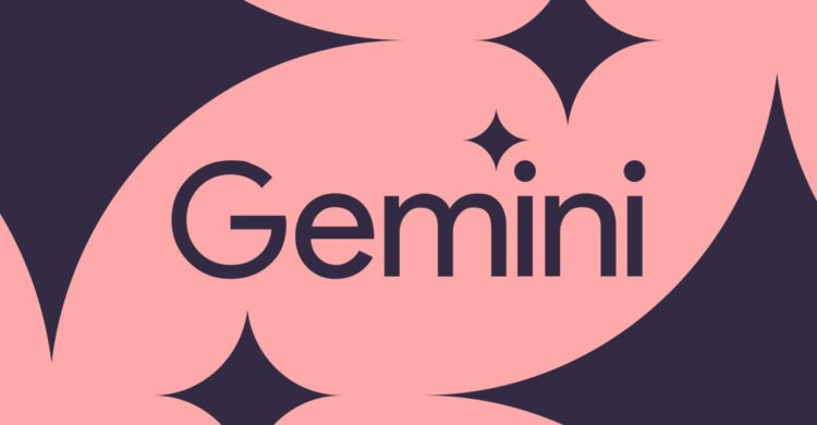 لوگوی تایپوگرافی جمنای (Gemini) با پسزمینه گرافیکی صورتی.