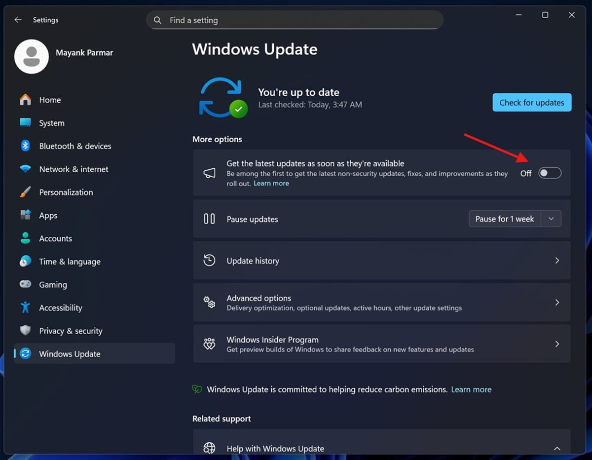 تصویری از صفحه ویندوز آپدیت در بخش تنظیمات ویندوز ۱۱