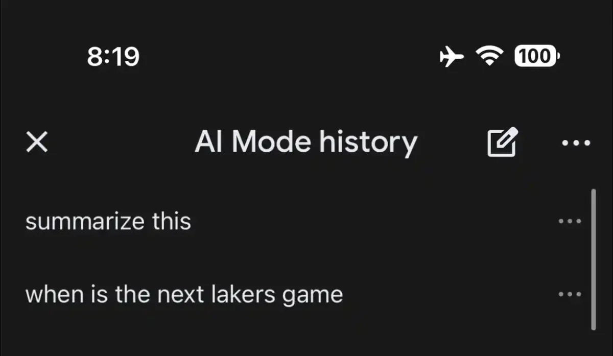 لیست تاریخچه جستجوها در حالت «AI Mode» گوگل در موبایل.
