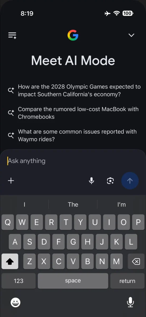صفحه خوشآمدگویی حالت جدید «AI Mode» در اپلیکیشن گوگل با نمونه سوالات پیشنهادی.
