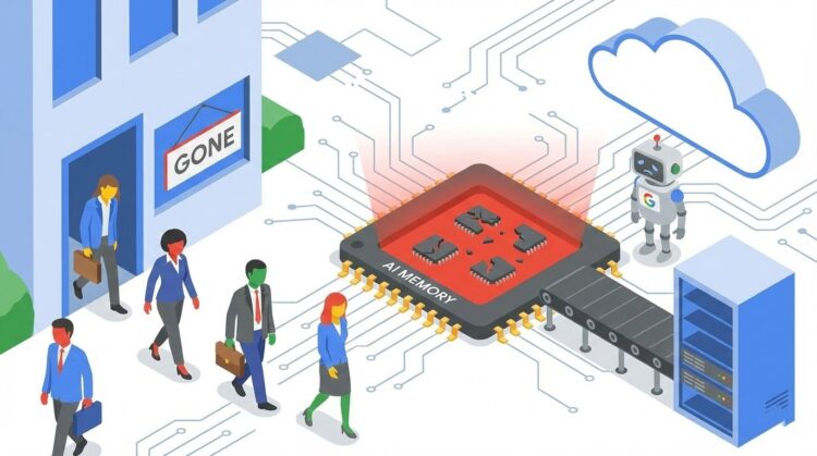 تصویرسازی کارتونی از خروج مدیران از ساختمان گوگل به دلیل مشکلات مربوط به تراشه‌های حافظه هوش مصنوعی.