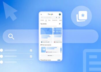 تصویر گرافیکی از رابط کاربری موبایل گوگل که بخش «داستان‌های برتر» (Top Stories) و ویژگی‌های آزمایشی هوش مصنوعی را نشان می‌دهد.