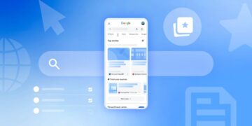 تصویر گرافیکی از رابط کاربری موبایل گوگل که بخش «داستانهای برتر» (Top Stories) و ویژگیهای آزمایشی هوش مصنوعی را نشان میدهد.