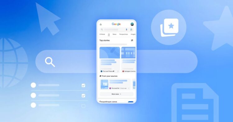 تصویر گرافیکی از رابط کاربری موبایل گوگل که بخش «داستانهای برتر» (Top Stories) و ویژگیهای آزمایشی هوش مصنوعی را نشان میدهد.