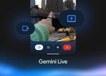 رابط کاربری Gemini Live در حال اجرا روی صفحه موبایل با آیکون‌های شناور.
