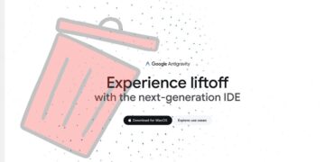صفحه وب محصول Google Antigravity با تصویر گرافیکی یک سطل زباله صورتی.