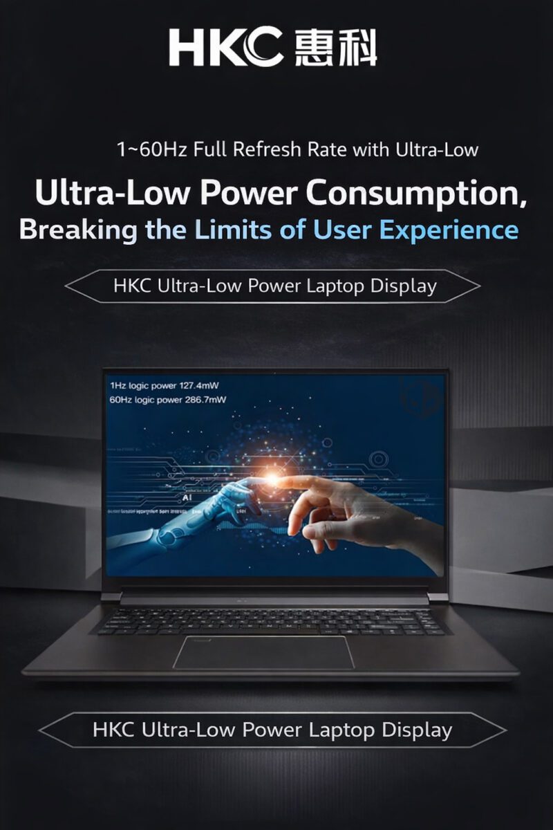 پوستر تبلیغاتی نمایشگر فوق‌کم‌مصرف HKC با جزئیات فنی توان مصرفی در فرکانس‌های مختلف.