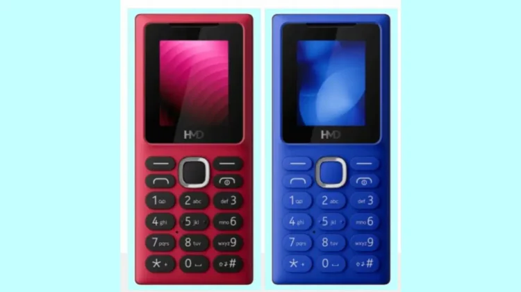 دو گوشی دکمهای HMD در رنگهای صورتی و آبی در کنار یکدیگر.