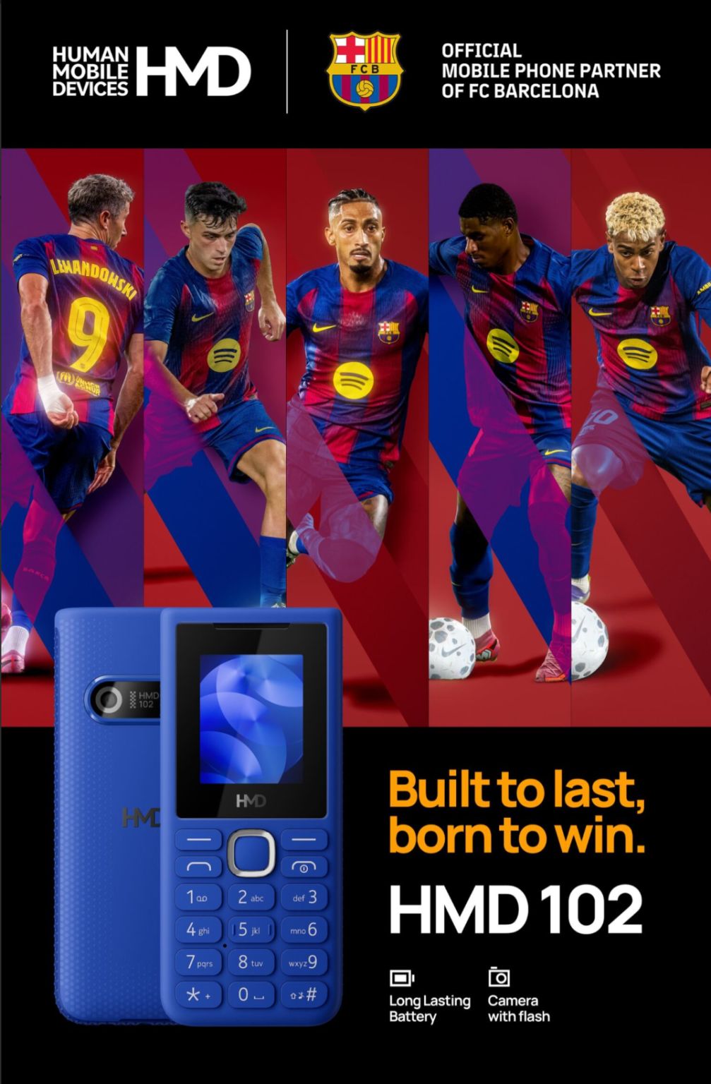 پوستر تبلیغاتی گوشی HMD 102 با حضور بازیکنان تیم فوتبال بارسلونا.