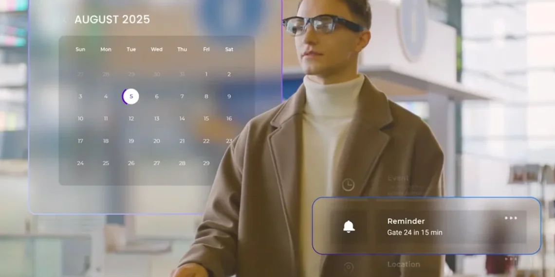 مردی که عینک هوشمند به چشم دارد و رابط کاربری واقعیت افزوده (AR) شامل تقویم آگوست ۲۰۲۵ و یادآور گیت پرواز را مشاهده می‌کند.