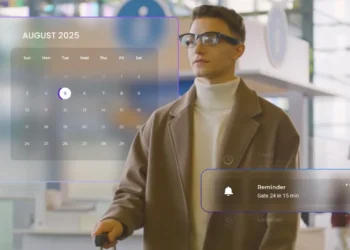 مردی که عینک هوشمند به چشم دارد و رابط کاربری واقعیت افزوده (AR) شامل تقویم آگوست ۲۰۲۵ و یادآور گیت پرواز را مشاهده می‌کند.