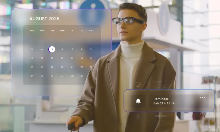 مردی که عینک هوشمند به چشم دارد و رابط کاربری واقعیت افزوده (AR) شامل تقویم آگوست ۲۰۲۵ و یادآور گیت پرواز را مشاهده می‌کند.