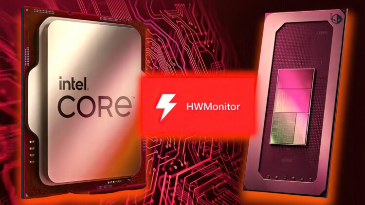 طرح گرافیکی تبلیغاتی از پردازنده‌های اینتل و AMD به همراه لوگوی HWMonitor برای معرفی آپدیت جدید.