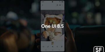 نمایشگر گوشی که عکسی از یک سگ با ماسک خیار روی صورتش را نشان می‌دهد و متن One UI 8.5 روی آن درج شده است.