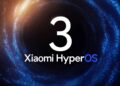 لوگوی عدد ۳ بزرگ سفید روی پس‌زمینه انتزاعی آبی و نارنجی با متن Xiaomi HyperOS.