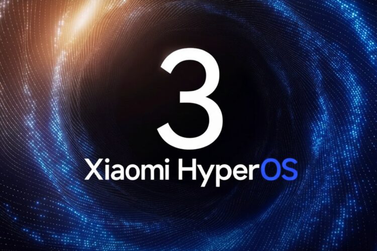 لوگوی عدد ۳ بزرگ سفید روی پسزمینه انتزاعی آبی و نارنجی با متن Xiaomi HyperOS.