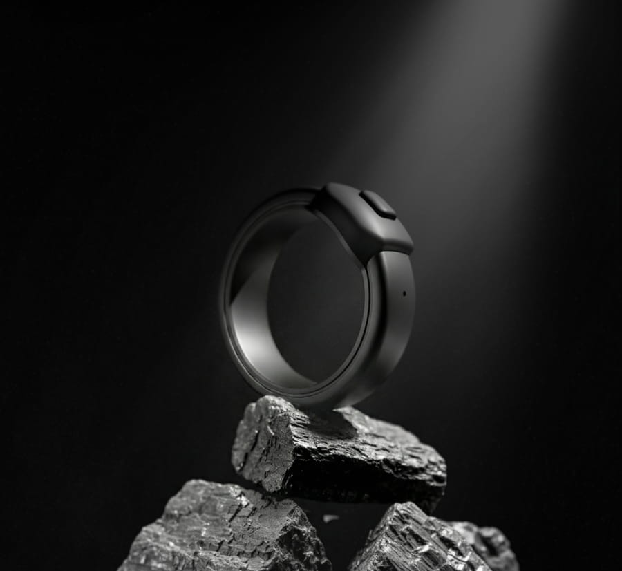 حلقه هوشمند Pebble Index مشکی مات روی سنگهای تیره با نورپردازی دراماتیک