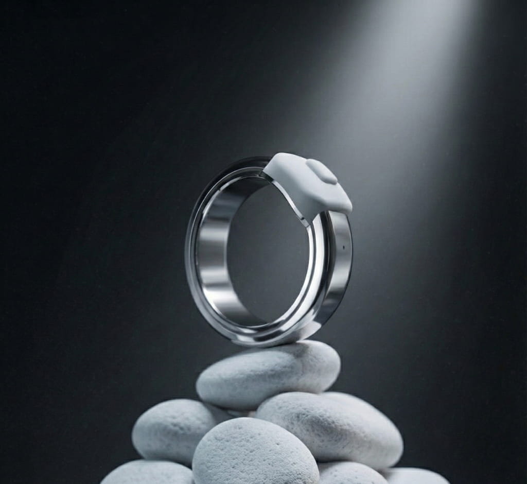 حلقه هوشمند Pebble Index نقرهای براق روی سنگهای سفید در نور نقطهای