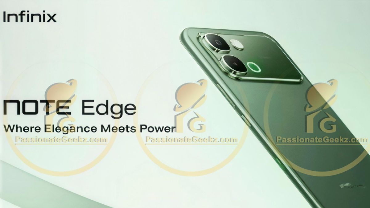 تصویر تبلیغاتی گوشی Infinix Note Edge با شعار “Where Elegance Meets Power” و نمایش نمای پشتی دستگاه همراه با ماژول دوربین