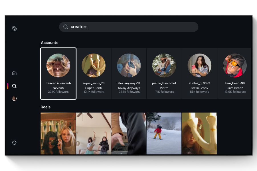 صفحه انتخاب حساب کاربری و نمایش ریلزها در اپلیکیشن تلویزیون اینستاگرام.
