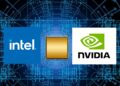 لوگوی شرکت‌های اینتل و انویدیا در دو طرف یک تراشه پردازنده طلایی روی پس‌زمینه‌ای از مدارهای آبی‌رنگ.
