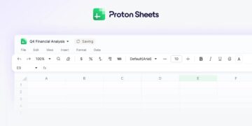 تصویر رابط کاربری Proton Sheets با یک جدول خالی و نوار ابزار در حال نمایش.